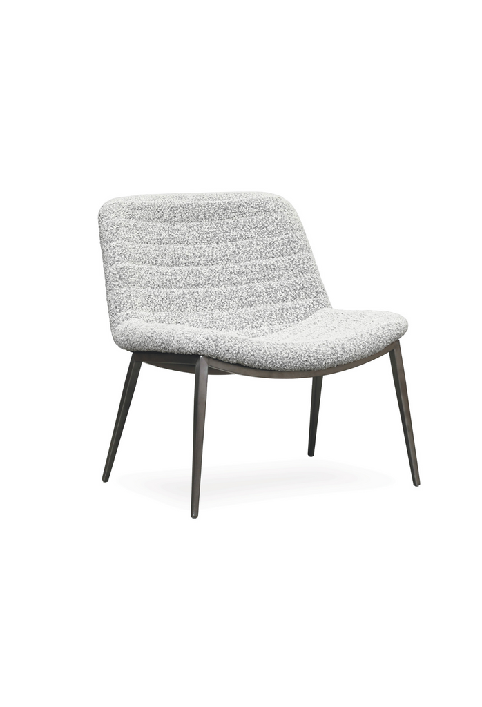 Armless Occassional Chair with Generous Seat Fully Upholstered in Black and White Boucle Featuring Horizontal Stitch Detailing and Black Metal Legs