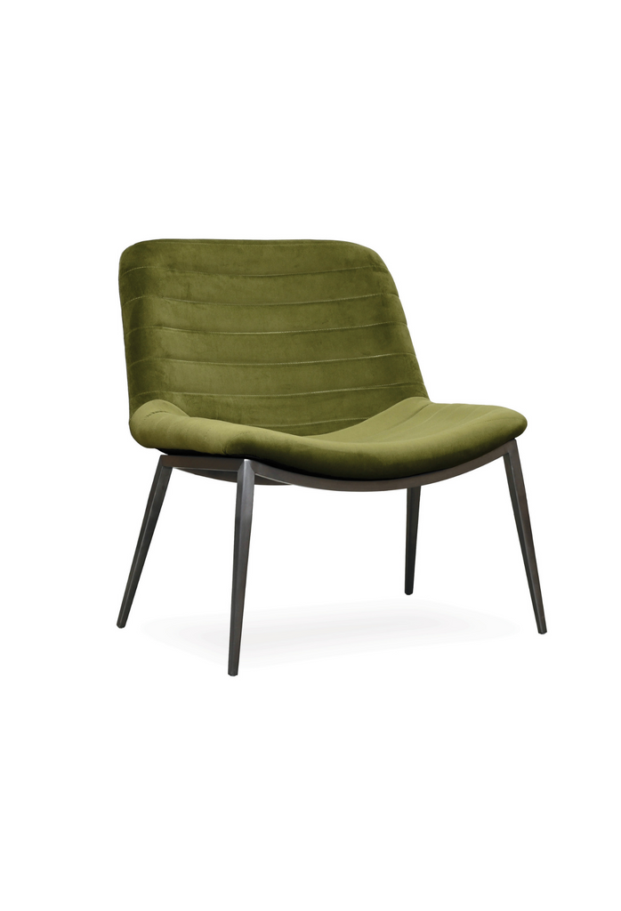 Armless Occassional Chair with Generous Seat Fully Upholstered in Olive Green Velvet Featuring Horizontal Stitch Detailing and Black Metal Legs