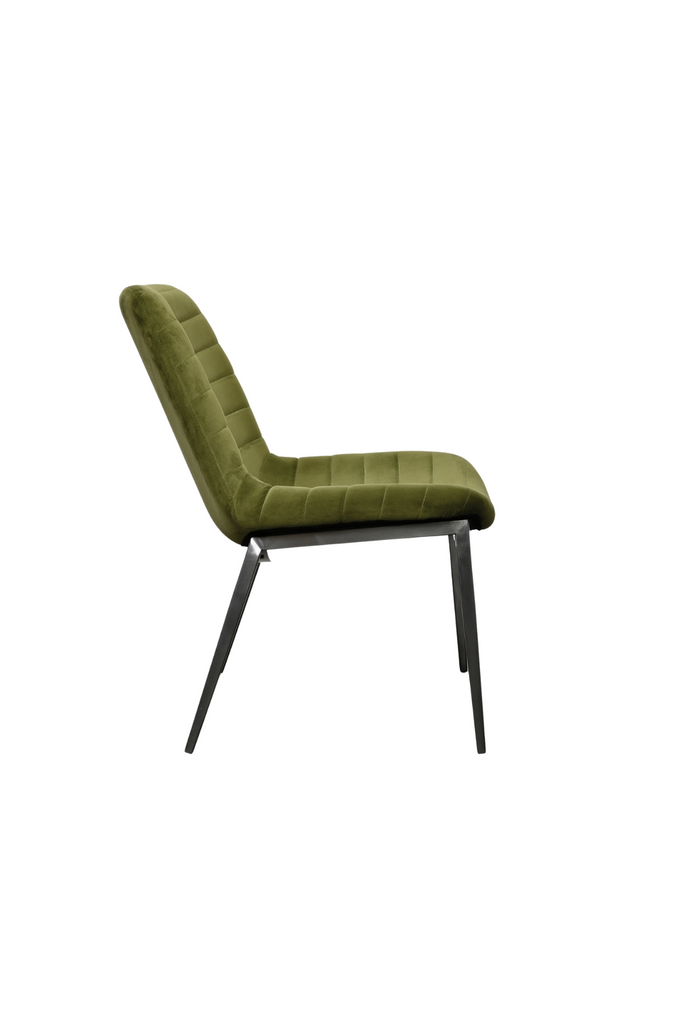 Armless Occassional Chair with Generous Seat Fully Upholstered in Olive Green Velvet Featuring Horizontal Stitch Detailing and Black Metal Legs