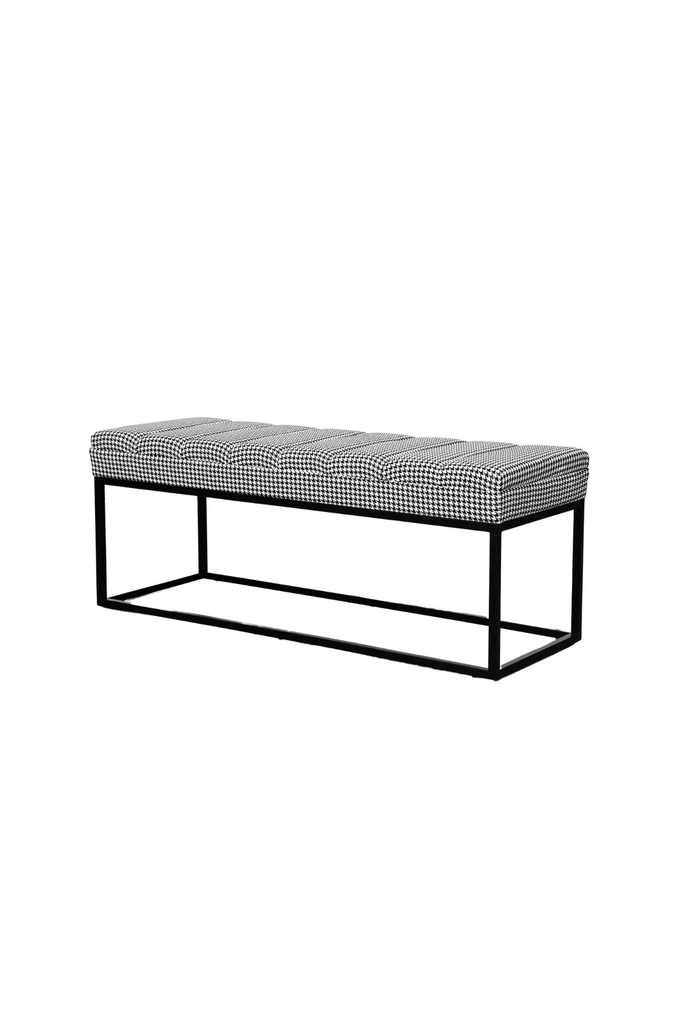 Rectangular Ottoman Bench with Padded Seat Cushion Upholstered in Textured Houndstooth Patterned Fabric and Black Metal Frame in Straight Lines