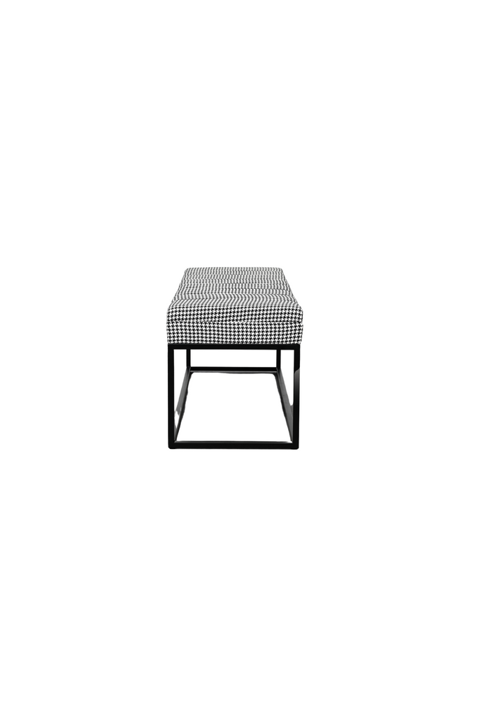 Rectangular Ottoman Bench with Padded Seat Cushion Upholstered in Textured Houndstooth Patterned Fabric and Black Metal Frame in Straight Lines