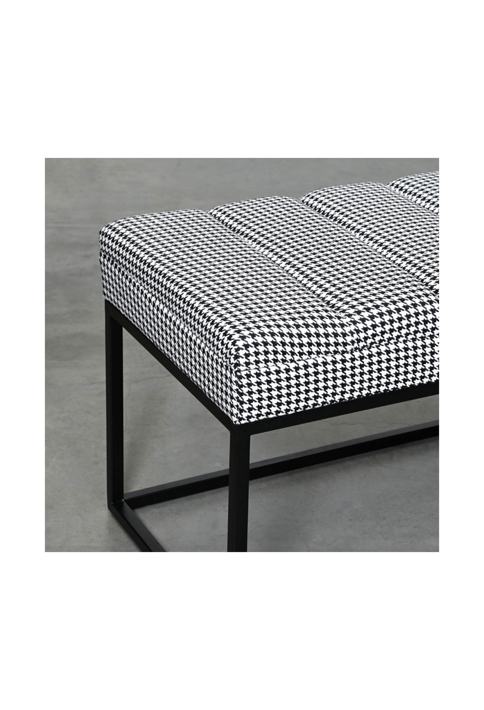 Rectangular Ottoman Bench with Padded Seat Cushion Upholstered in Textured Houndstooth Patterned Fabric and Black Metal Frame in Straight Lines