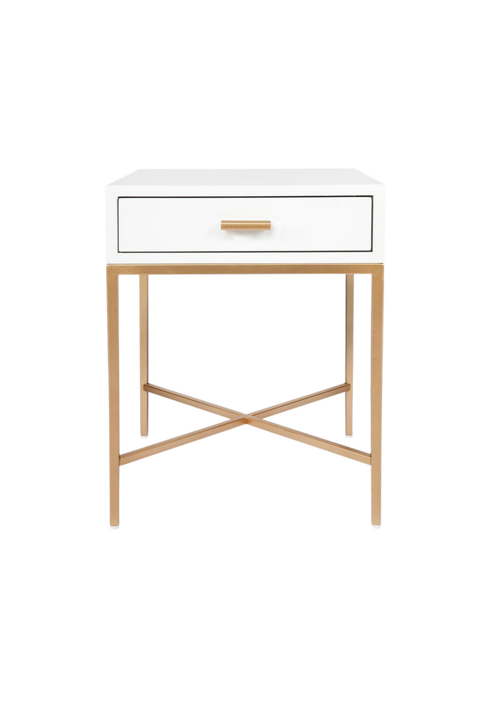 Sleek Bedside Table With a White Top and Drawer Featuring a Gold Metal Frame and Handle on White Background