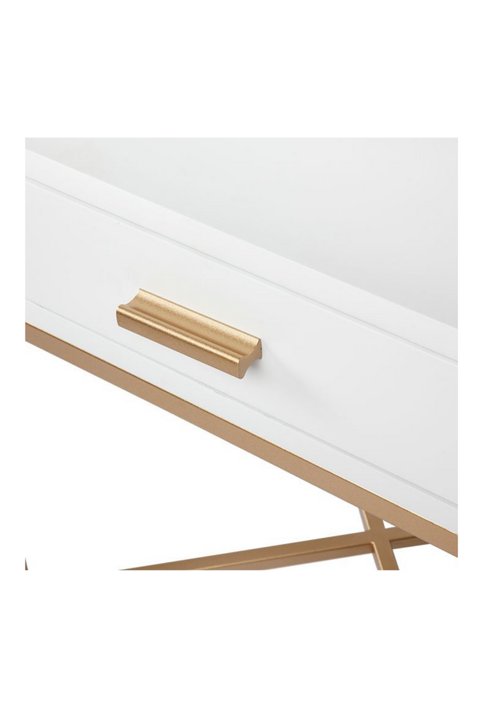 Sleek Bedside Table With a White Top and Drawer Featuring a Gold Metal Frame and Handle on White Background