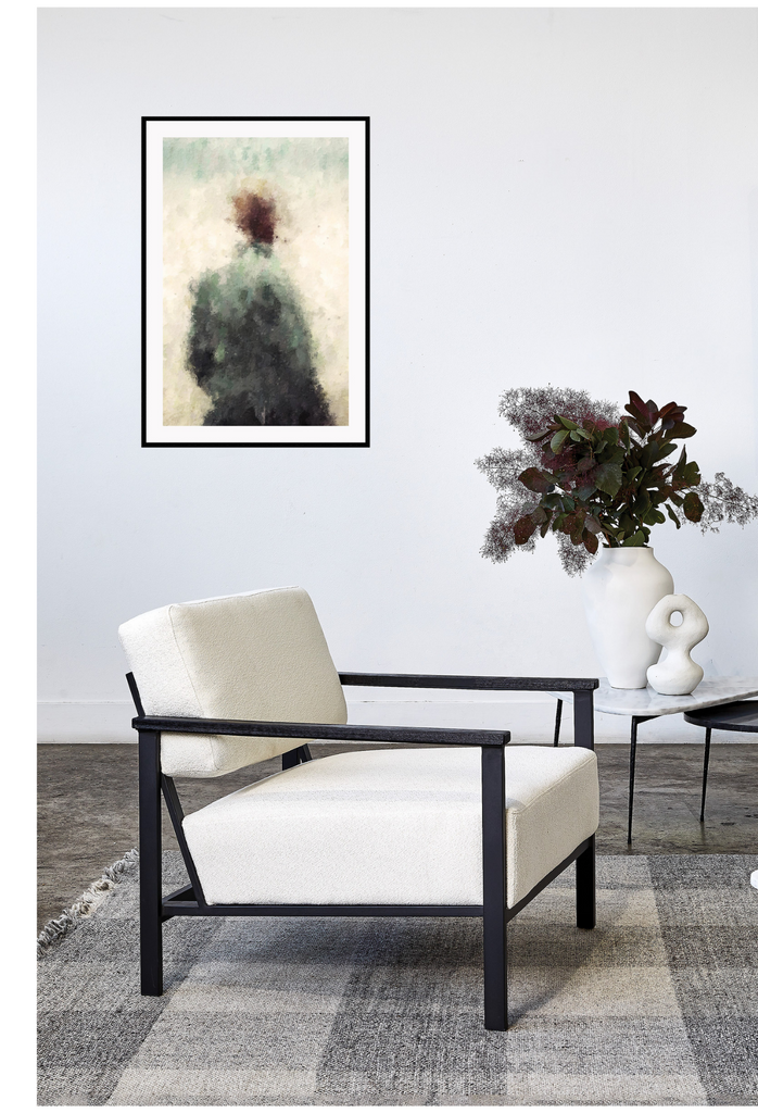 Brushstroke textured abstract print with green and dark red tones forming a dark silhouette on a beige background.