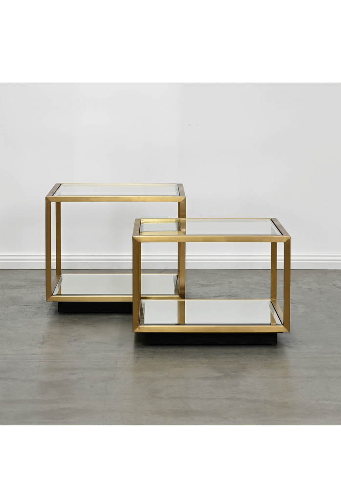 Gold frame side table with mirrored base and gass table top