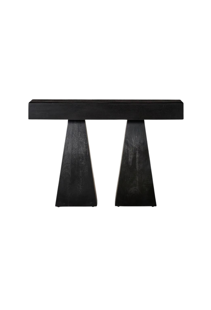 Black wooden console with solid rectangular top and two geometric shaped legs with sharp edges