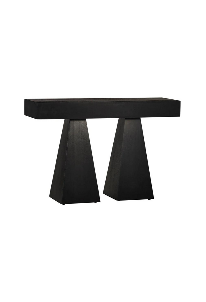Black wooden console with solid rectangular top and two geometric shaped legs with sharp edges