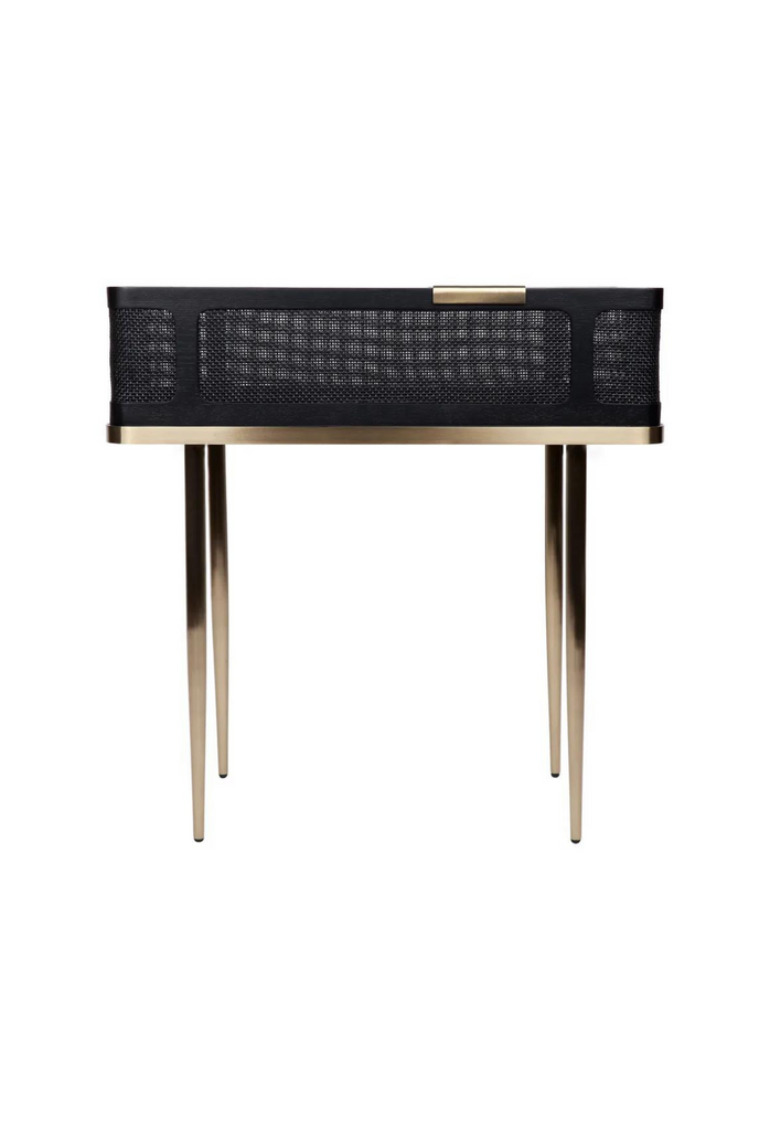 Fashionable and practical black bar table with rattan and brass legs