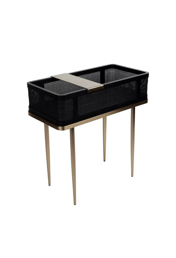 Fashionable and practical black bar table with rattan and brass legs