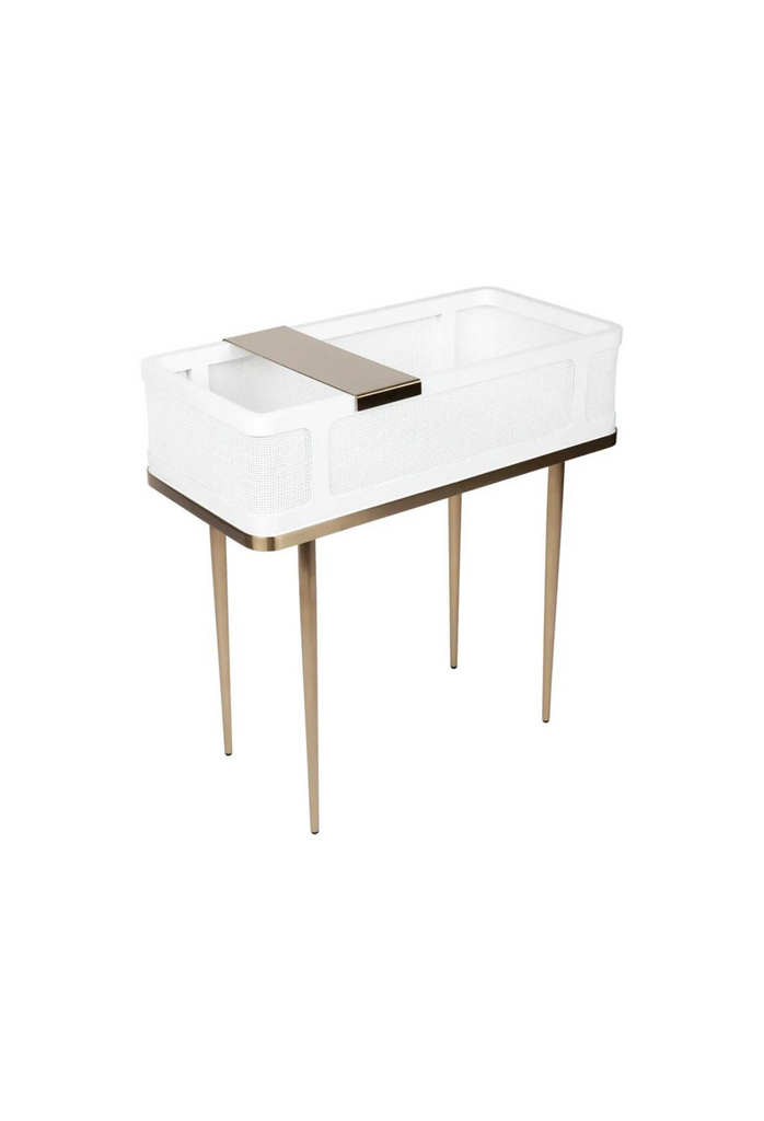 Contemporary white rattan bar table with brass legs