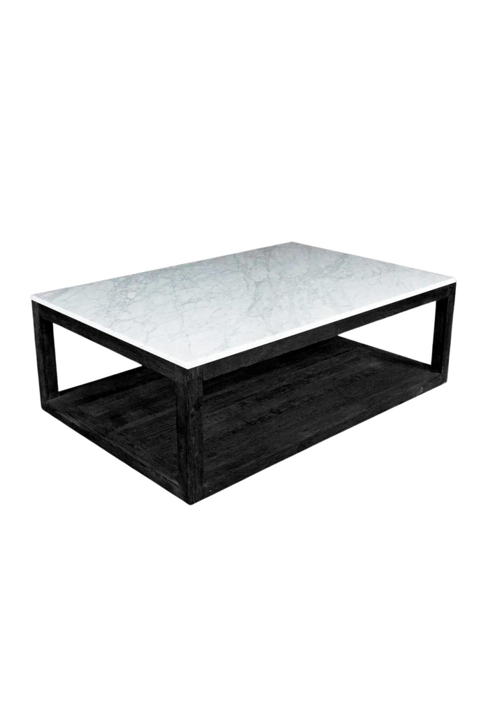 Rectangular Coffee Table with Black Wooden Frame Featuring Sharp Edges and a White Marble Top on White Background