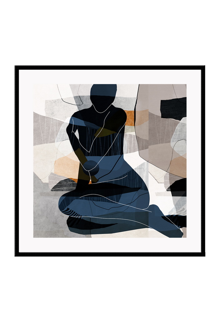 Abstract print with the blue outline of a person in the centre on a background of random shapes in grey and rust.