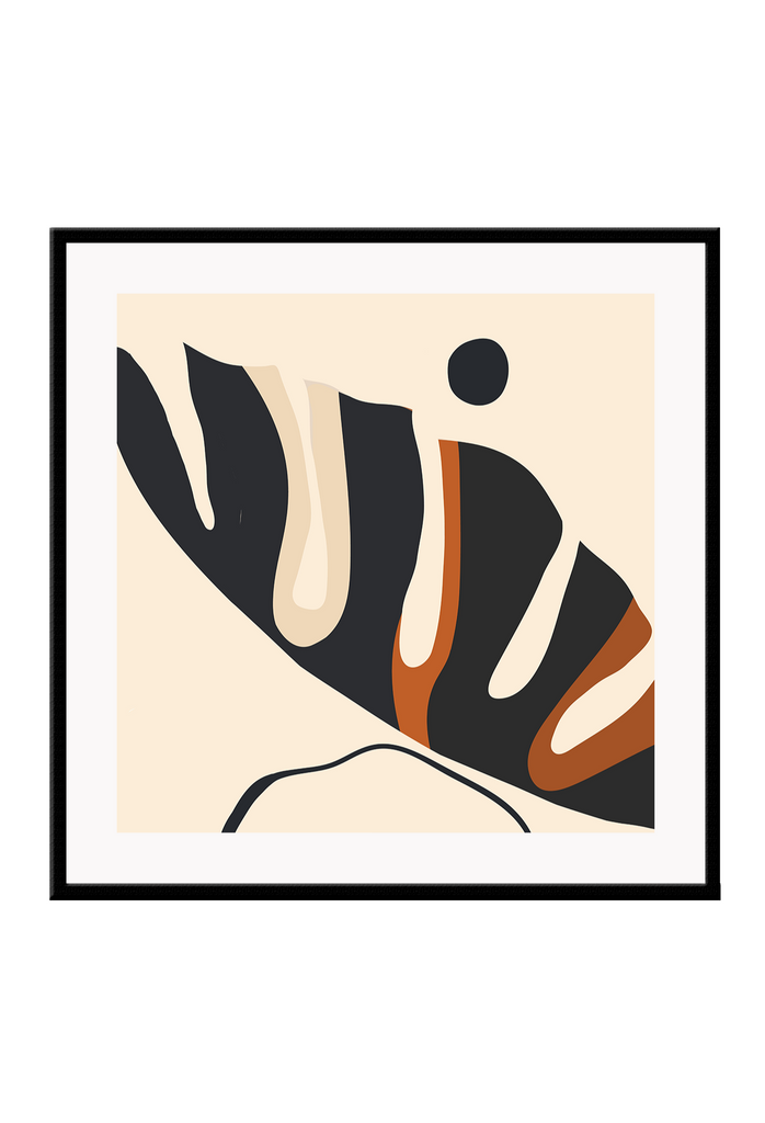 Abstract art print with the black outline of a monstera leaf complemented by rust hightlights on a beige background.
