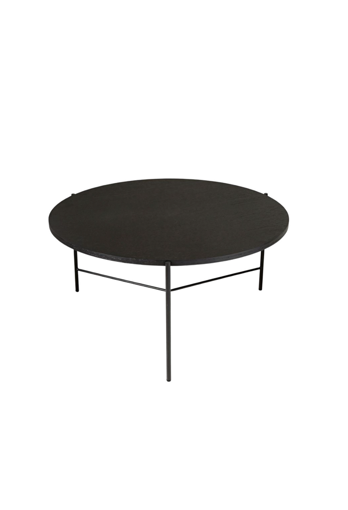 Minimalist Black Oak Round Coffee Table with Black Metal Frame Featuring Three Thin Horizontal Metal Bars Connecting in the Middle