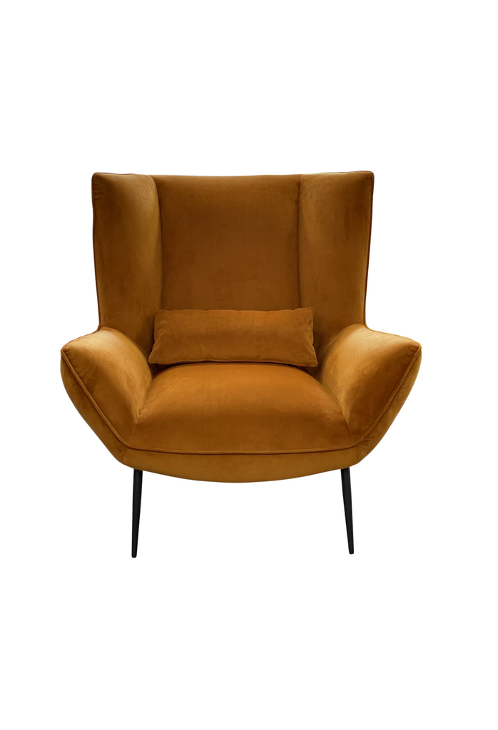 Winged Back Style Inspired Chair with High Back Rest Fully Upholstered in Dark Amber Caramel Velvet with Matching Cushion and Black Metal Legs