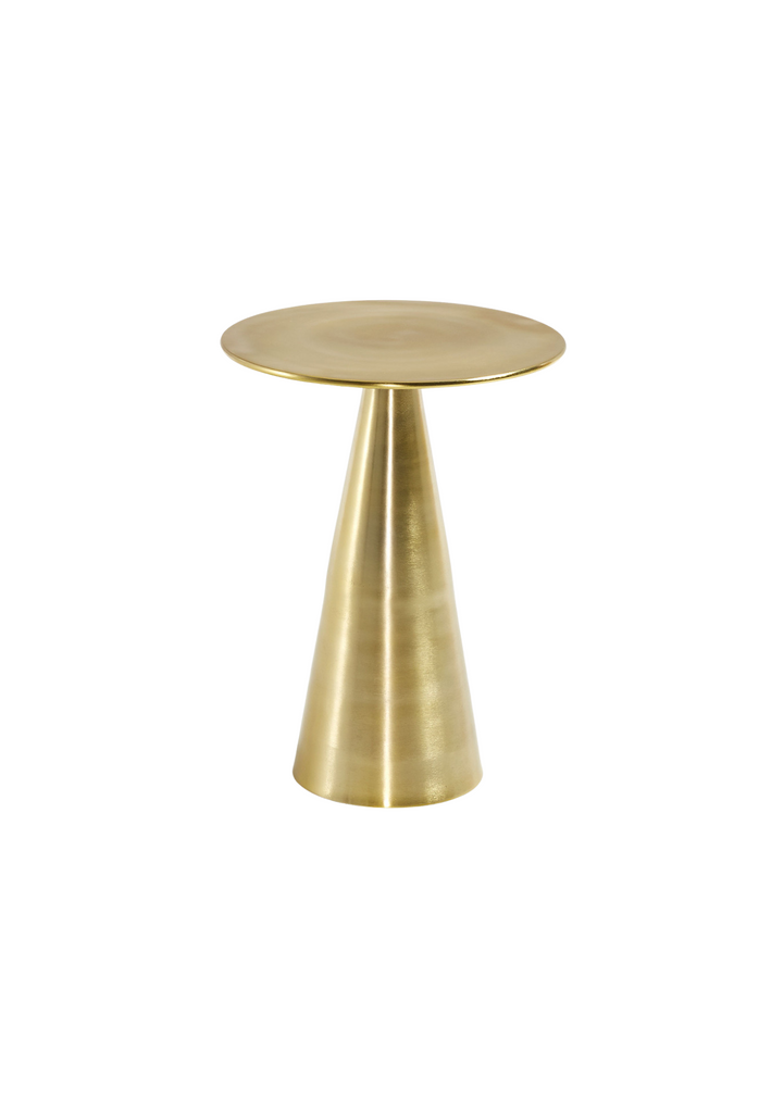 Metal side table with gold finish featuring a round table top and a solid pillar base