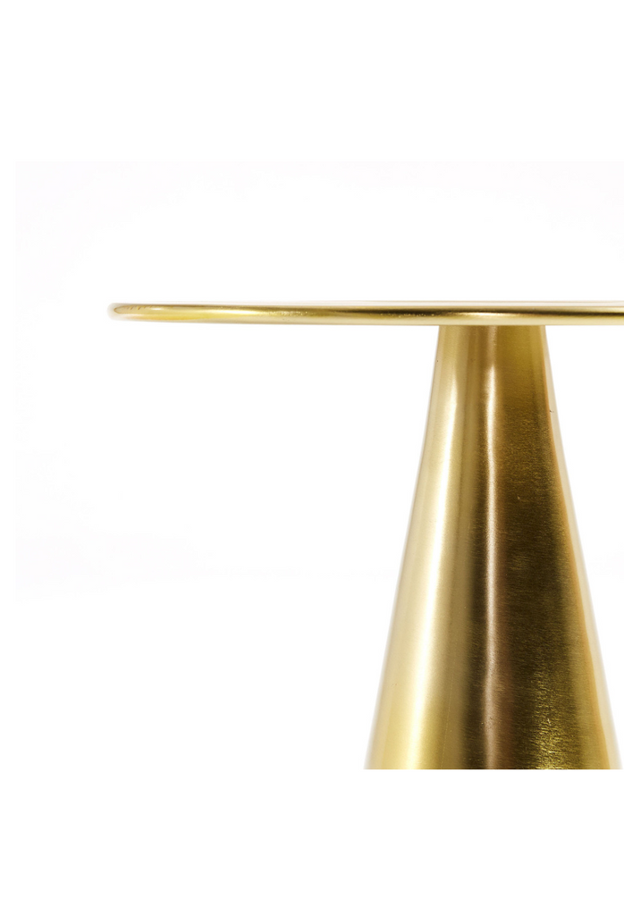 Metal side table with gold finish featuring a round table top and a solid pillar base
