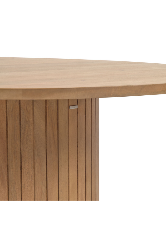 Natural Wooden Dining Table with Panelled Round Pillar Base and Round Table Top on a White Background