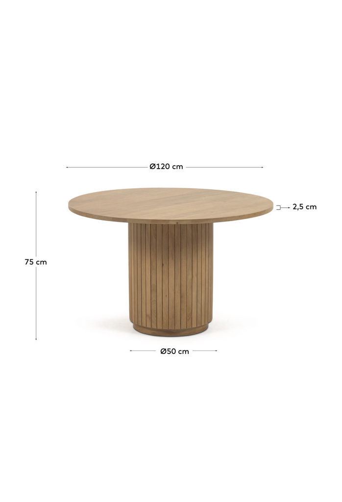 Natural Wooden Dining Table with Panelled Round Pillar Base and Round Table Top on a White Background