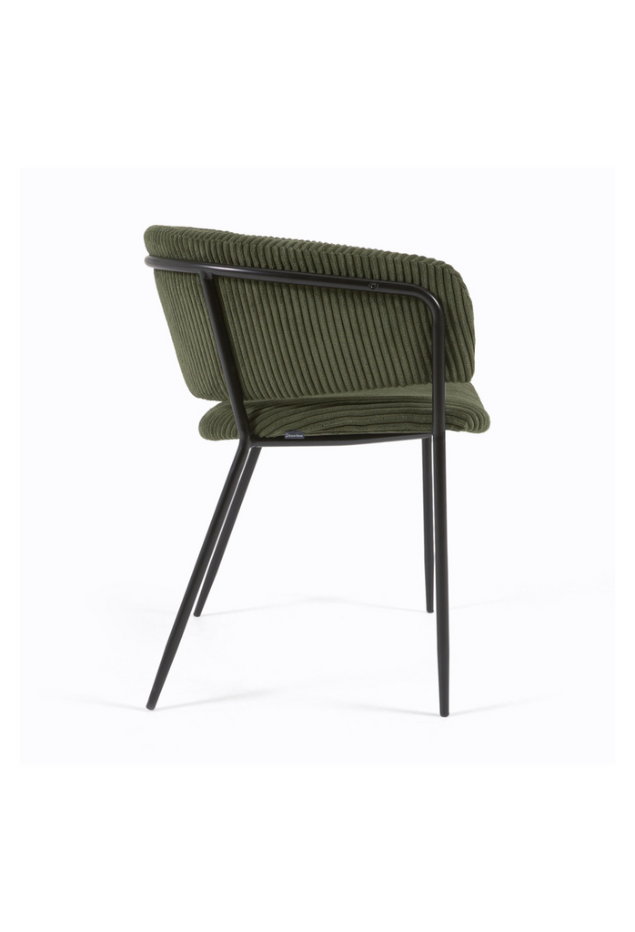 Dark green velvet corduroy dining chair with black metal base