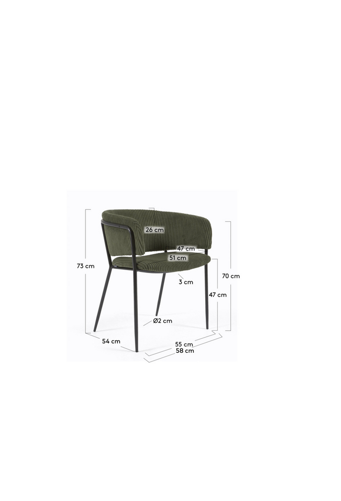 Dark green velvet corduroy dining chair with black metal base
