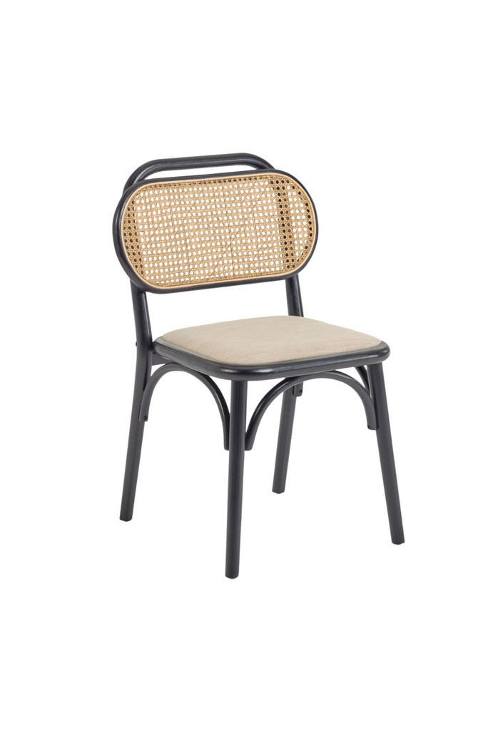 Black wooden chair with back in natural rattan