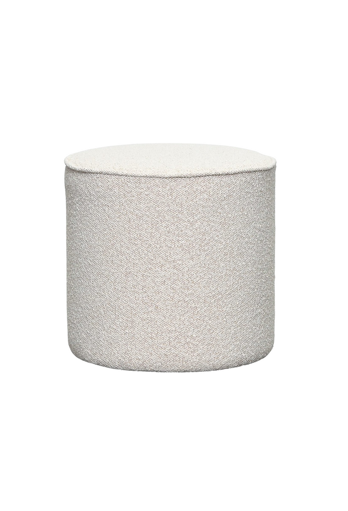 Small Round Ottoman Fully Upholstered in Textured Ivory Oatmeal Coloured Fabric with Piped Edges on White Background