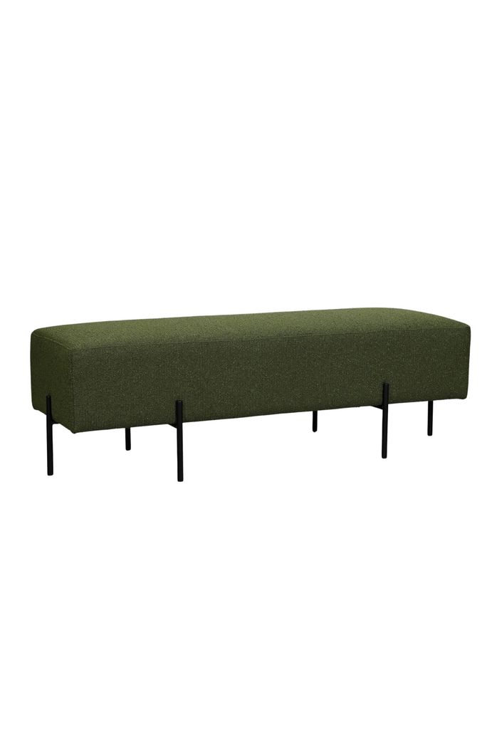 Minimalistic Bench Ottoman Upholstered in a Textured Dark Green Fabric with Six Thin Black Steel Legs on a White Background