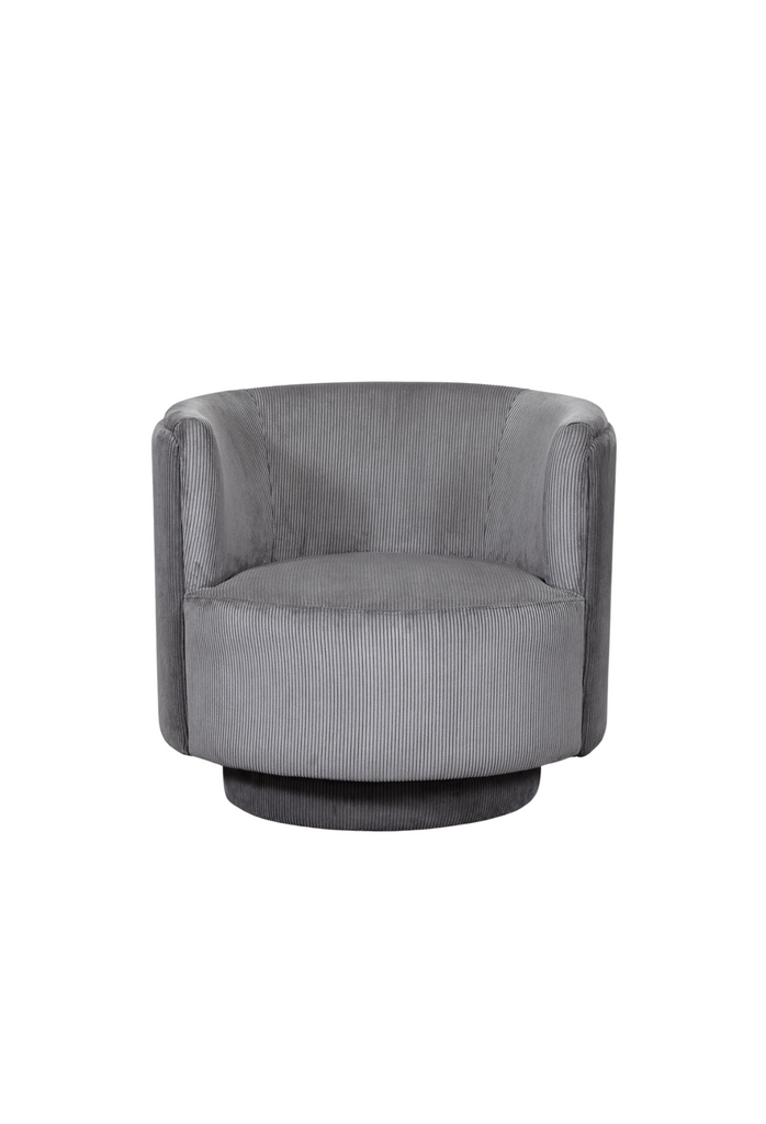 Round Tub Style Swivel Chair with Curved Back Rest on an Upholstered Round Base in Grey Corduroy