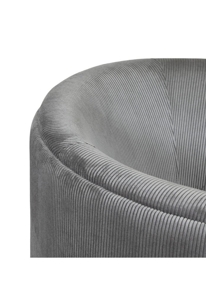 Round Tub Style Swivel Chair with Curved Back Rest on an Upholstered Round Base in Grey Corduroy