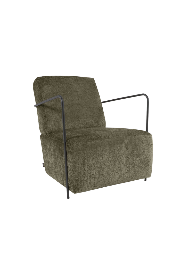 Chunky Armchair Upholstered in Olive Green Velvet with Curved Black Steel Armrests on White Background