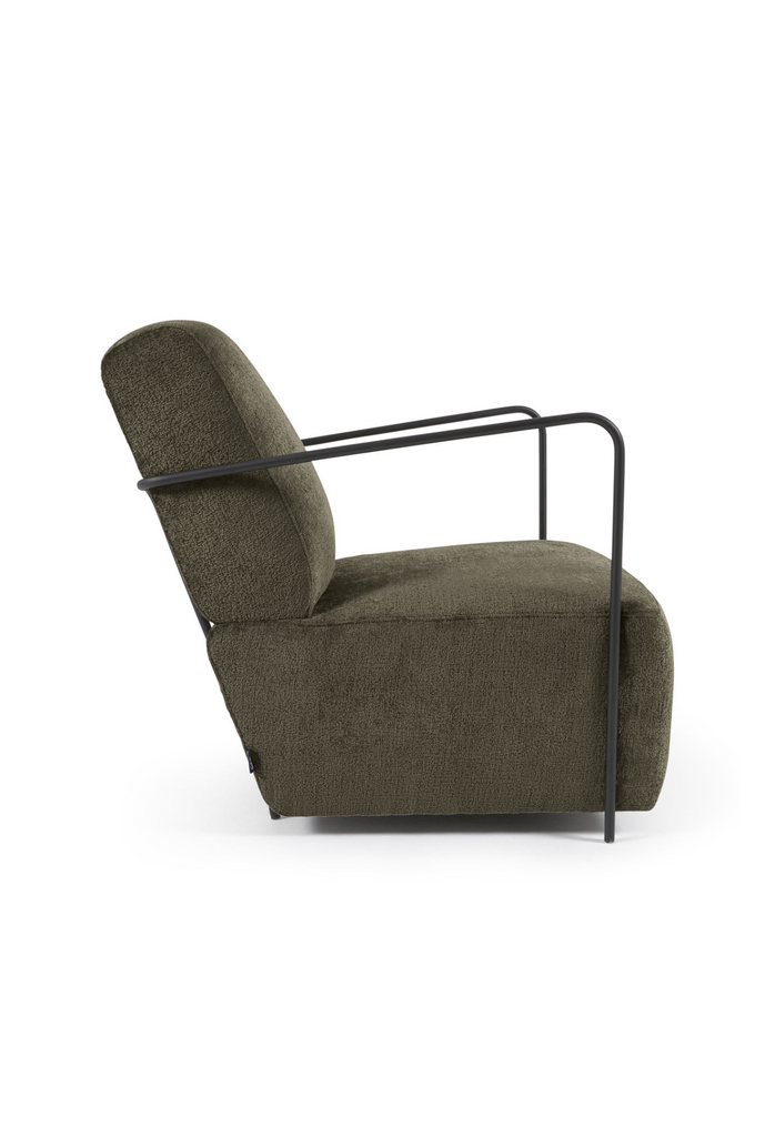 Chunky Armchair Upholstered in Olive Green Velvet with Curved Black Steel Armrests on White Background