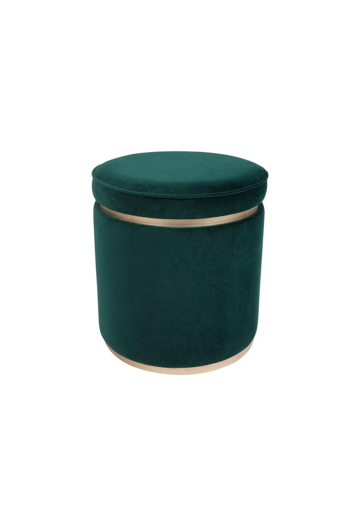 Modern round ottoman upholstered in dark green velvet with gold finished base and rim and a dark green velvet lid