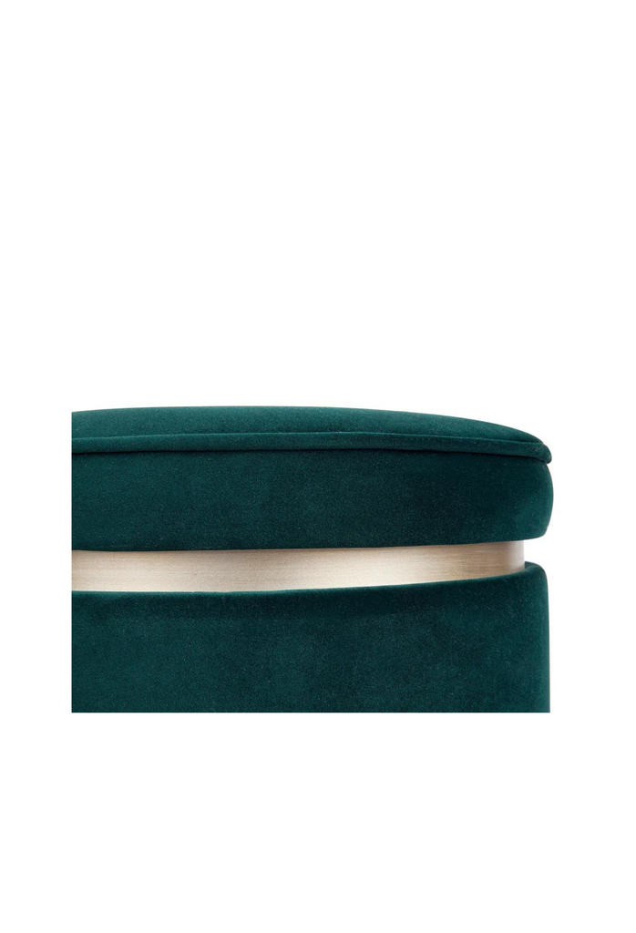 Modern round ottoman upholstered in dark green velvet with gold finished base and rim and a dark green velvet lid