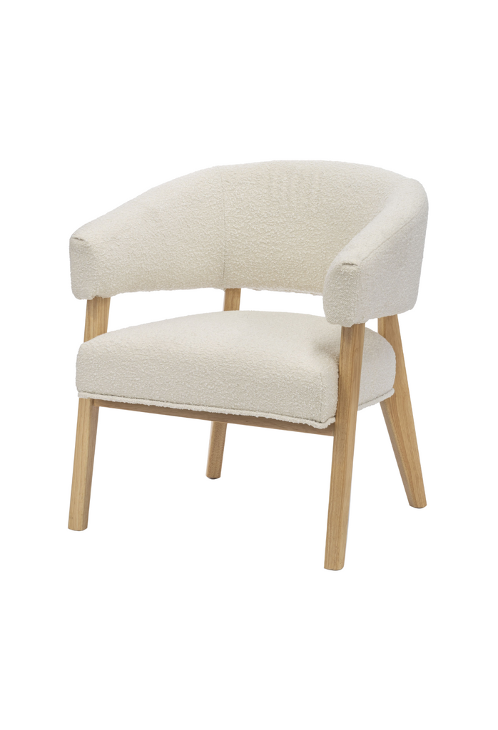 Modern Occassional Arm Chair with Curved back rest and cream white upholstery on sturdy natural timber legs