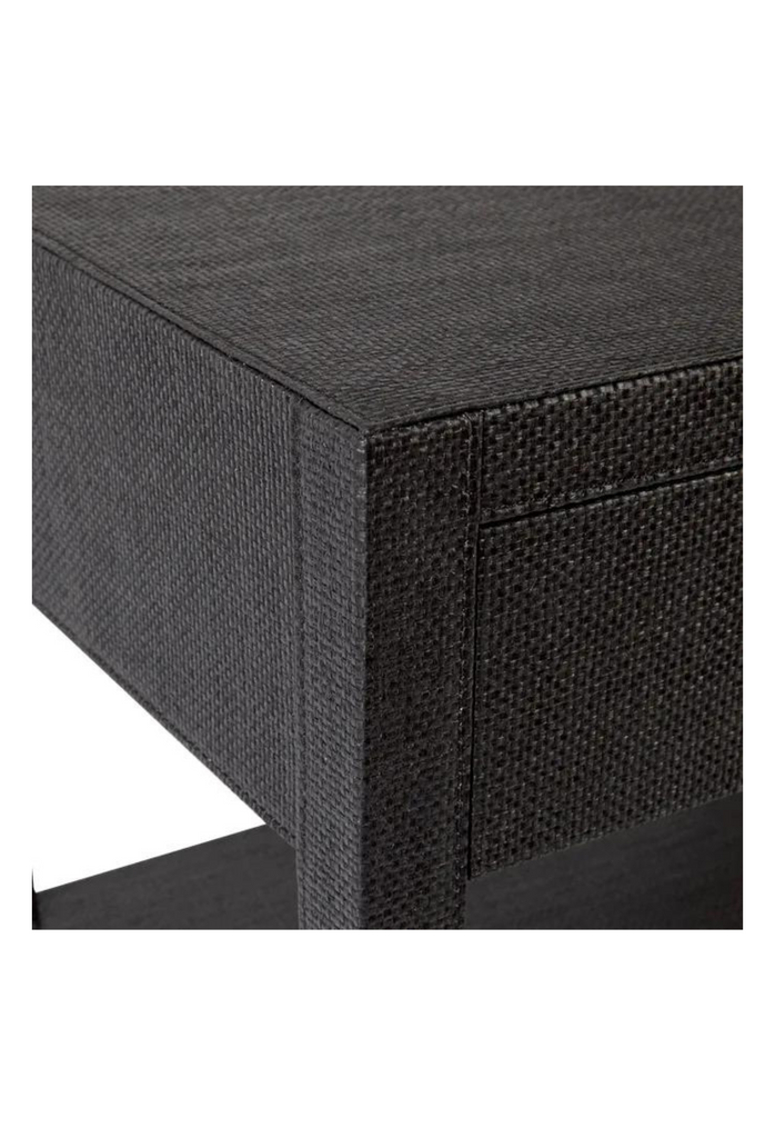 Modern Bedside Table in Linear Shape Fully Upholstered in Dark Grey Sea Grass Cloth with Small Top Drawer and Bottom Shelf
