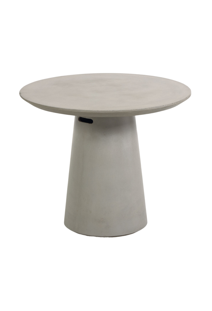 Modern round outdoor side table in grey cement with solid cone shaped base and round table top on white background