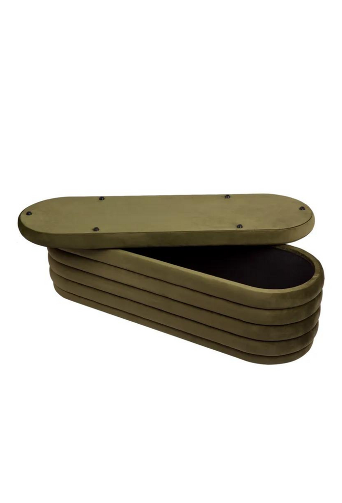 Oval Shaped Ottoman Bench Featuring Several Curved Layers Creating Padded Ribbed Look with Olive Green Velvet Upholstery
