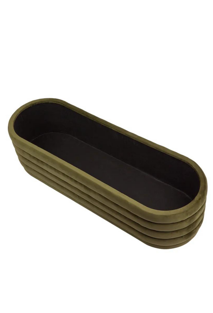 Oval Shaped Ottoman Bench Featuring Several Curved Layers Creating Padded Ribbed Look with Olive Green Velvet Upholstery