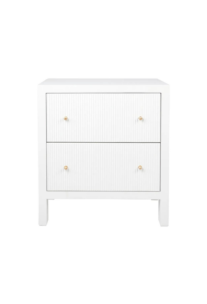 White Bedside Table with Fluted Drawers and Brass Gold Handles on a white background