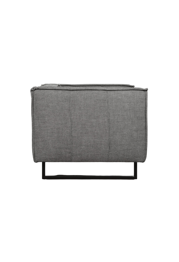 Textured Dark Grey arm chair with straight lines and stitched edge upholstery detailing on sleek black metal legs