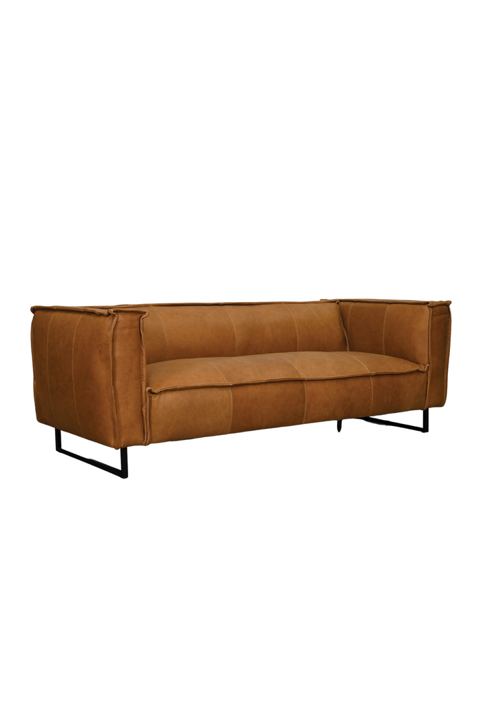Structured modern cognac leather sofa with black metal legs