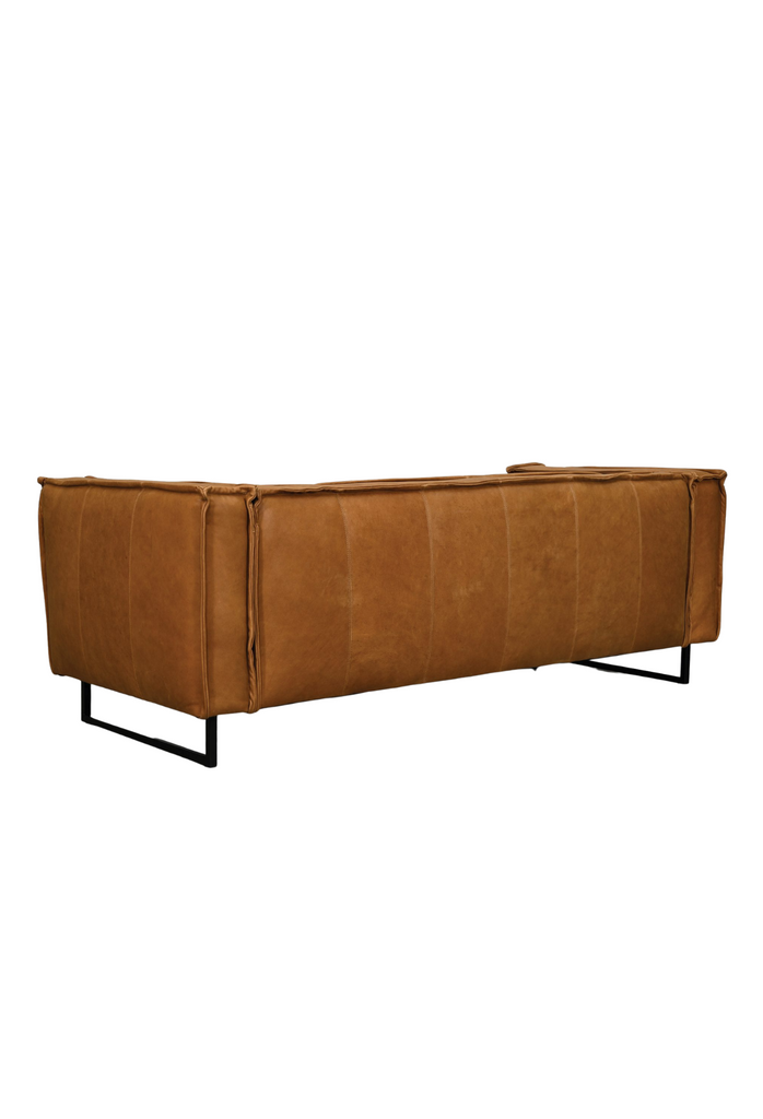 Structured modern cognac leather sofa with black metal legs