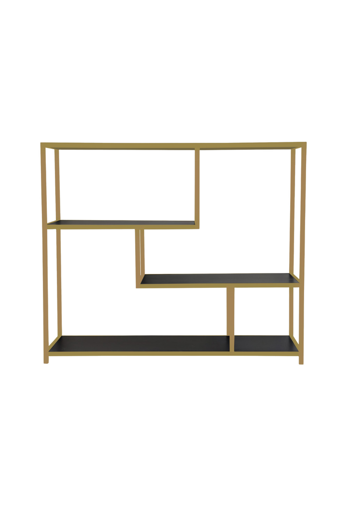 4 tier console with a brass coloured metal frame and several black wooden shelves on a white background
