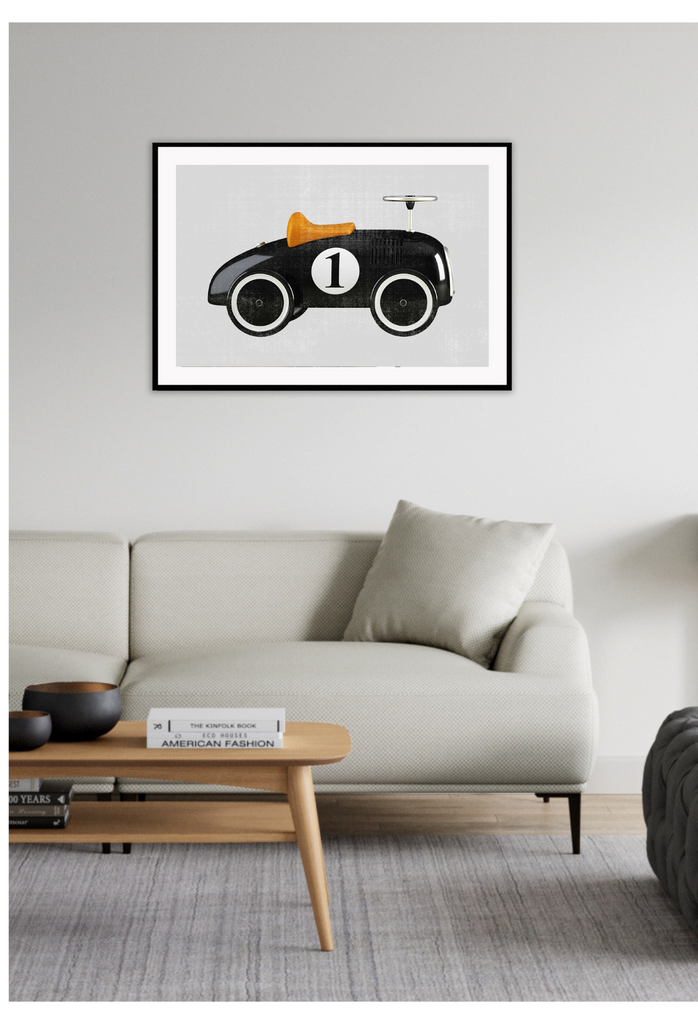 Vintage modern art print landscape with a number 1 toy car cartoon in rust black and white colours on a grey background.
