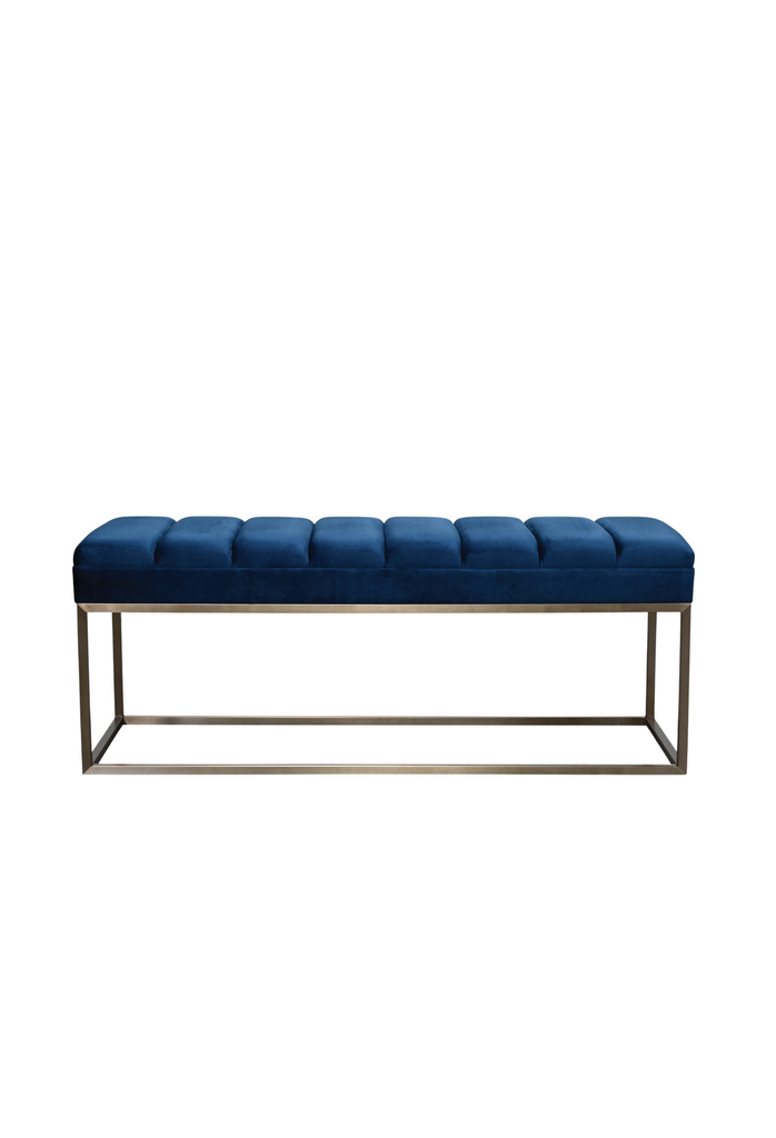 Rectangular Ottoman Bench with Padded Seat Cushion Upholstered in Navy Blue Velvet and Brushed Gold Frame in Straight Lines