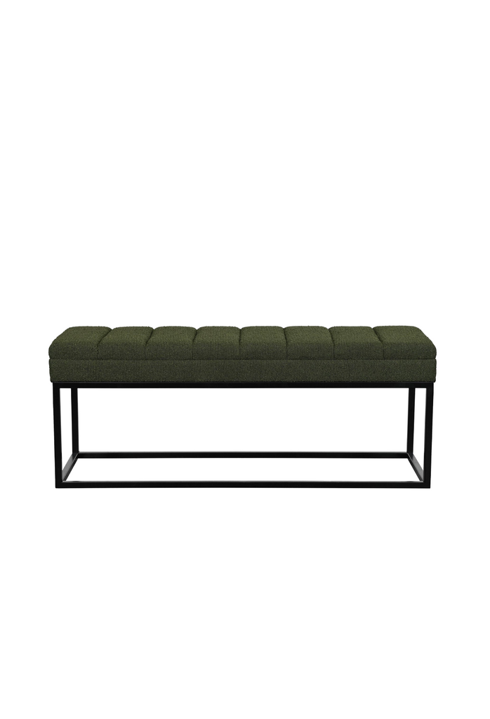 Rectangular Ottoman Bench with Padded Seat Cushion Upholstered in Textured Dark Green Fabric and Black Metal Frame in Straight Lines