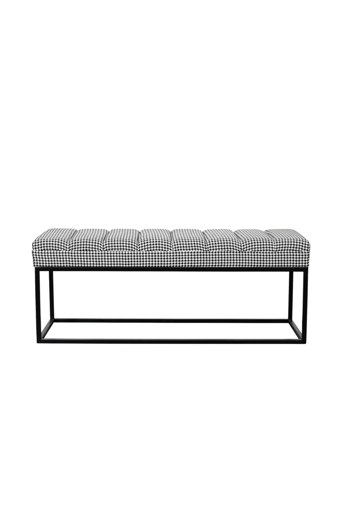 Rectangular Ottoman Bench with Padded Seat Cushion Upholstered in Textured Houndstooth Patterned Fabric and Black Metal Frame in Straight Lines