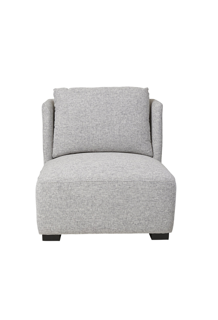 Simplistic armless occassional chair with woven grey upholstery featuring a supportive backrest and large matching cushion on white background